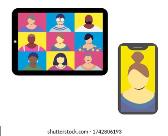 Online chat via tablet or phone vector illustration. Suitable for web conference, conronavirus social distancing, remote work/meeting purposes.