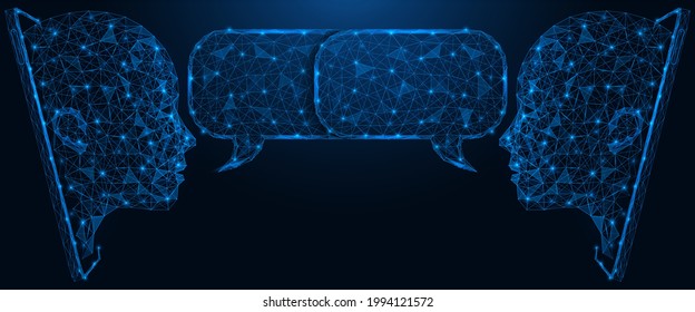 Online chat. Video conference. Mobile application for communication. Polygonal construction of lines and points. Blue background.