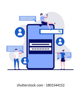Online chat, web forum, discussion concepts with characters. Online communication, social media, networking, community group. Modern vector illustration in flat style for landing page, hero images.