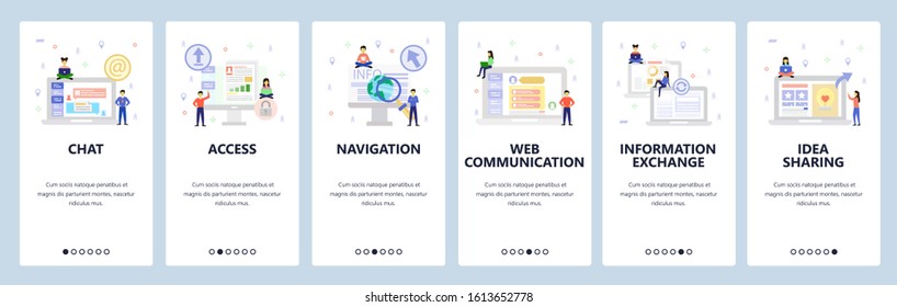 Online chat and web support, secure access, communication and shate information. Mobile app onboarding screens. Menu vector banner template for website and mobile development. Web site design flat