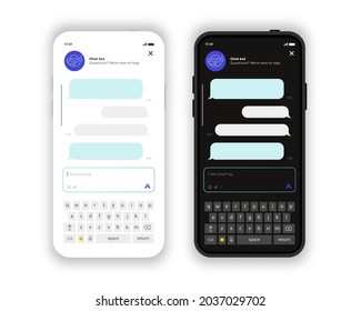 Online chat windows vector mobile application white and dark theme isolated on white background. Social communication chatting. Group text messaging app. Vector 10 eps