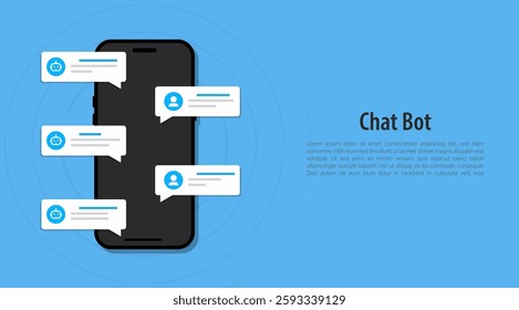 Online chatbot app with messages. Artificial intelligence technology concept. Automation support chatting and conversation, with bot phone. Customer support service AI. Vector illustration.