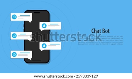 Online chatbot app with messages. Artificial intelligence technology concept. Automation support chatting and conversation, with bot phone. Customer support service AI. Vector illustration.