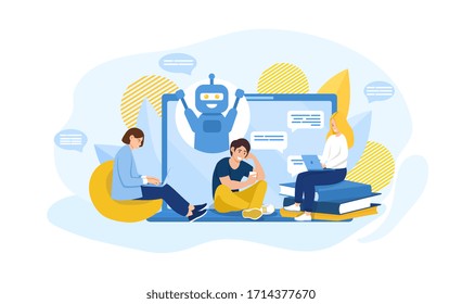 Online Chatbot communication concept with a bot on a computer screen with speech bubbles and three participating people seated in front, colored vector illustration with copy space