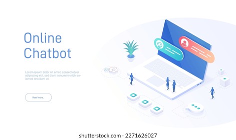 Online Chatbot landing page template. Dialogue on laptop screen. Can be used for web banners, infographics. Isometric modern vector illustration.