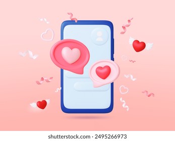 Online chatting 3d concept. Romantic messages, long distance love relationship in chat. Smartphone mockup, talk bubbles, hearts render vector elements
