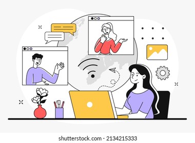 Online chatting concept. Globalization and remote video conference, call and communication of colleagues and employees. Social networks and messengers, digital world. Cartoon flat vector illustration