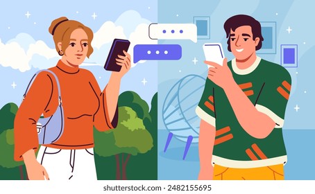 Online-Chat-Konzept. Mann und Frau unterhalten sich über Smartphones. Mobile Anwendung für romantische Termine und Treffen. Cartoon flache Vektorillustration