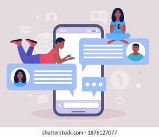 Online chatting concept. Young man communicates on the smartphone. Colorful flat vector illustration