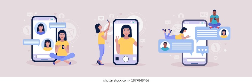 Concepto de chat en línea. Joven se comunica en el smartphone. Concepto de selfie. Ilustración de vector plana colorida