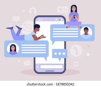 Online chatting concept. Young man communicates on the smartphone. Colorful flat vector illustration