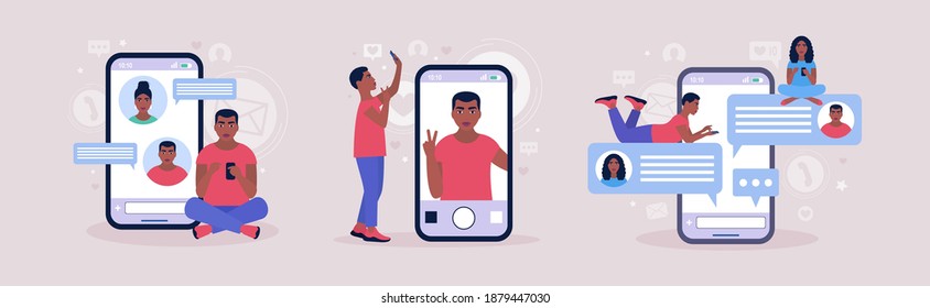 Online chatting concept. Young man communicates on the smartphone. Selfie Concept. Colorful flat vector illustration