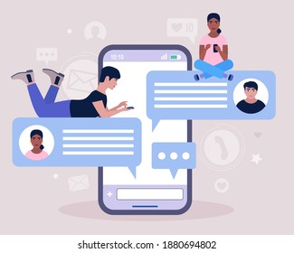 Online chatting concept. Young man communicates on the smartphone. Colorful flat vector illustration