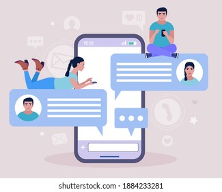 Online chatting concept. Young man communicates on the smartphone. Colorful flat vector illustration