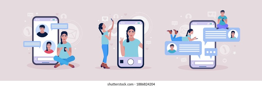 Online chatting concept. Young man communicates on the smartphone. Selfie Concept. Colorful flat vector illustration