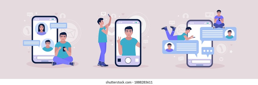 Online chatting concept. Young man communicates on the smartphone. Selfie Concept. Colorful flat vector illustration