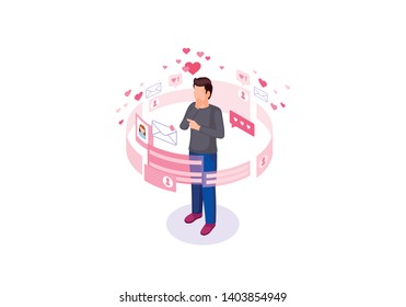 Online chatting  isometric color vector illustration. Male getting message infographic. Persons social network profile 3d concept. Social media messaging, liking webpage, mobile app design