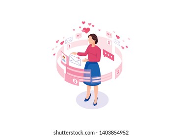 Online chatting isometric color vector illustration. Female getting message infographic. Persons social media profile 3d concept. Messaging, liking, matchmaking  isolated design element