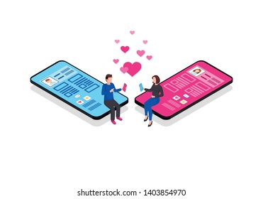 Online chatting isometric color vector illustration. Romantic connection. Persons social network profile. Messaging. Online relationship matchmaking 3d concept. Socializing webpage, mobile app design