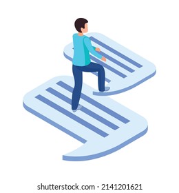 Online chatting isometric icon with character going up message bubbles vector illustration