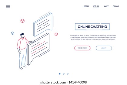 Online Chatting - Line Design Style Isometric Web Banner On White Background With Copy Space For Text. Unusual Website Header With A Man, Manager Standing With Dialog Boxes