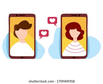 Online chatting and messaging vector illustration.  Online dating service application. Communication and relationship. Social media concept. Man and woman talking by communication app.