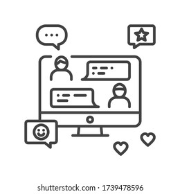 Online Chat auf einem Computer schwarze Linie Symbol. Internetkommunikation. Freizeit zu Hause. Vector isolierte Abbildung. Bearbeitbarer Strich.