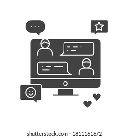 Online chatting on a computer black glyph icon. Internet communication. Home leisure. Vector isolated illustration.