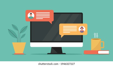 online chatting on computer concept, man and woman connecting together and work from anywhere, flat vector design illustration