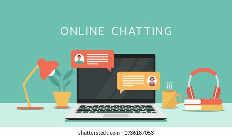 online chatting on laptop computer concept, man and woman connecting together and work from anywhere, flat design vector illustration