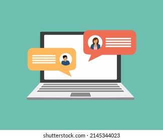 charla en línea sobre el concepto de computadora portátil, personas que se conectan y trabajan desde cualquier lugar, ilustración vectorial plana