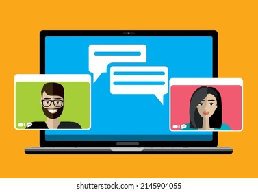 online chatting on laptop computer concept, people connecting together and work from anywhere, flat vector illustration