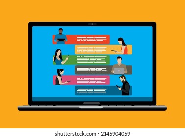 online chatting on laptop computer concept, people connecting together and work from anywhere, flat vector illustration