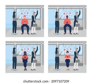 Online chatting with partner on underground flat color vector illustrations set. Person being totally enamored of online lover 2D cartoon characters collection with city subway on background