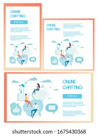Online Chatting, Sharing News, Texting Message Social Media Network Banner Set. People Using Smartphone for Leaving Comments, Collecting Likes. Digital Communication, Networking. Vector illustration