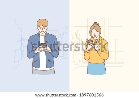 Online chatting and technology concept. Young smiling couple cartoon characters chatting and communicating online on smartphones by messenger and dating online vector illustration