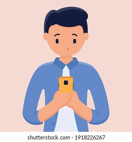 Online-Chat-Vektorkonzept. Überraschender Mann in einem blauen Hemd hält und schaut in ein Smartphone. Mann und Gadget. Kommunikation über das Netzwerk, Partnerstandorte und soziale Netzwerke. Sucht nach Gadgets.