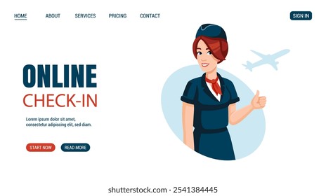 Online check in concept website, web page design. Young smiling stewardess showing thumbs up. Flat design, cartoon style. Traveling, Air travel, airlines concept.