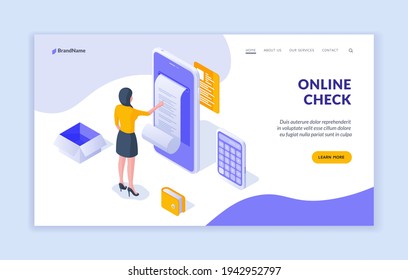 Online check landing page website banner template. Vector isometric illustration of modern woman reading and checking online receipt on smartphone while making purchase. Isometric web banner