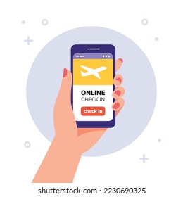 Online check in on flight concept. Female Hand holding smartphone with online check in button and airplane icon on screen. Mobile application Concept. Vector illustration in flat style.
