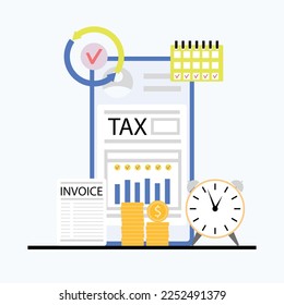 Online check and pay tax, follow for taxes in smartphone. Vector of money payment, pay tax online illustration, financial invoice and check, receipt on mobile account