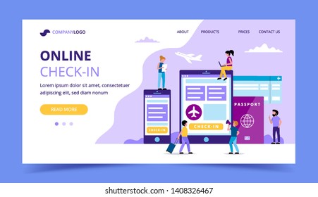 Online check-in landing page, concept illustration with smartphone, tablet, boarding pass. Small people characters. Vector illustration in flat style