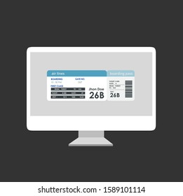 Online check-in with printed boarding pass on monitor screen isolated over black background. Vector illustration
