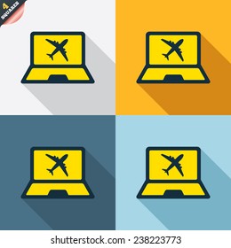 Online check-in sign. Airplane symbol. Travel Flight tickets label. Four squares. Colored Flat design buttons. Vector