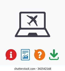 Online check-in sign. Airplane symbol. Travel Flight tickets label. Information think bubble, question mark, download and report.