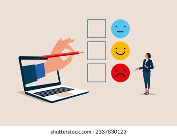 Online checking her mental health. Anxiety and happiness. Modern flay vector illustration.
