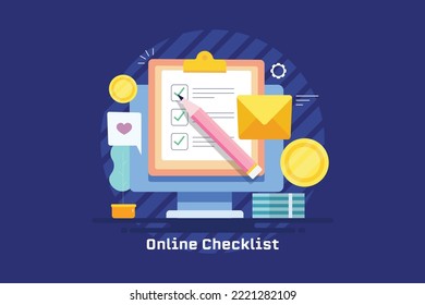 Aplicación de lista de comprobación en línea, software de gestión de trabajo, aplicación de gestión de finanzas, gestor de listas Do - fondo de ilustración vectorial de diseño plano