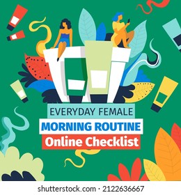 Online checklist for everyday female morning routine, banner or poster with information, recommendation and tips for girls. Makeup and skincare treatment, lotions and tubes with cream, vector