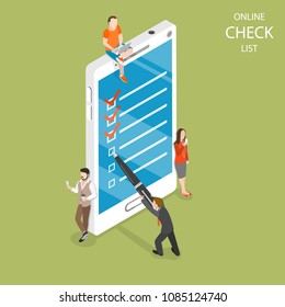 Online Checklist Flat Isometric Vector Concept. A Man With A Pen Is Setting A Check Mark On The Mobile Phone Screen.