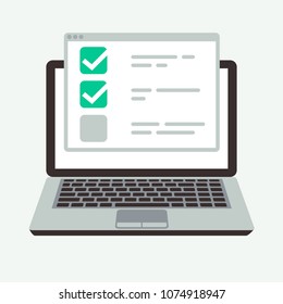 Online checklist on laptop display. Success quiz and exam testing vector concept. Illustration of check list , survey online laptop